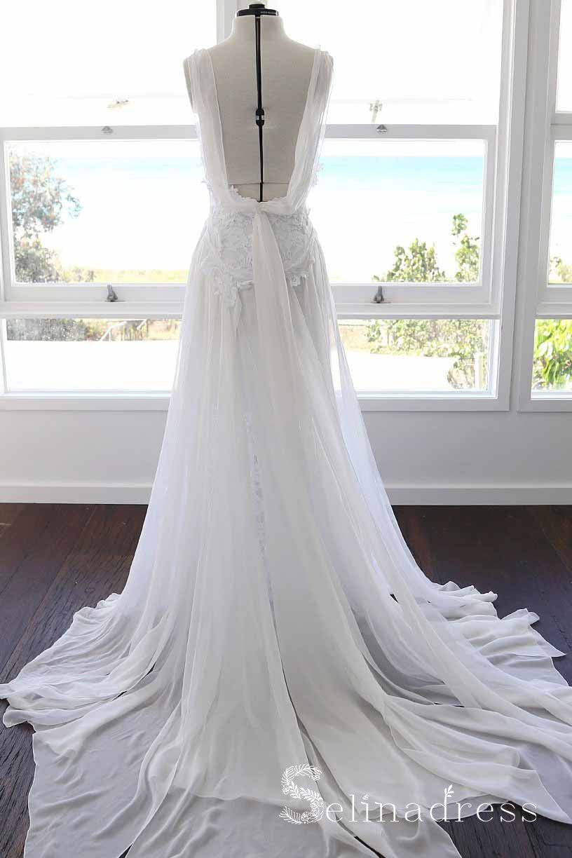 Spaghetti Straps Lace Wedding Dresses Beach Chiffon White Wedding Dress SEW045