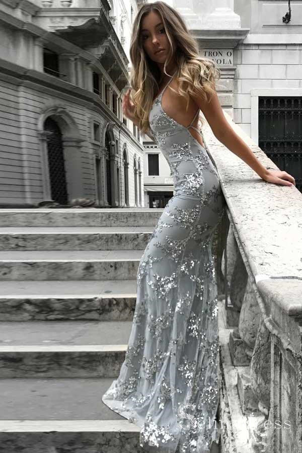 Spaghetti Straps Mermaid Silver Long Prom Dress Sequins Sparkly Evenin SELINADRESS