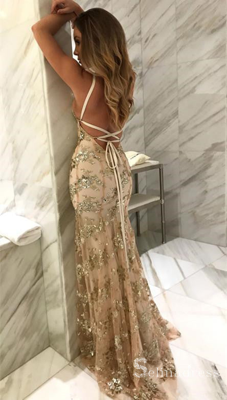 Spaghetti Straps Mermaid Silver Long Prom Dress Sequins Sparkly Evening Dress SED011