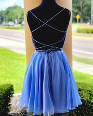 Spaghetti Straps Scoop Beaded Blue Chiffon Homecoming Dress #MHL081