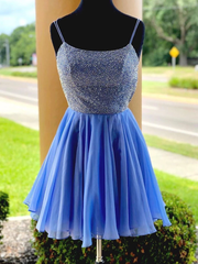 Spaghetti Straps Scoop Beaded Blue Chiffon Homecoming Dress #MHL081