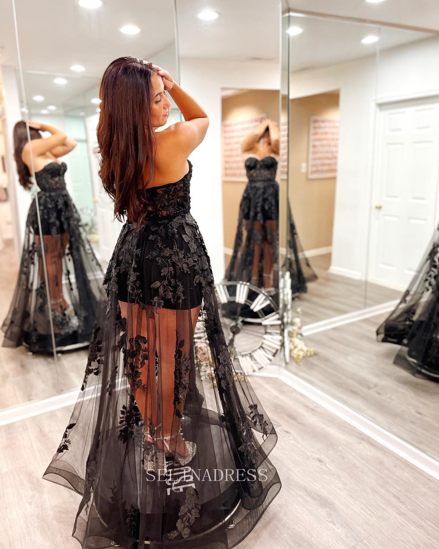 Strapless Black long Prom Dress A-line Tulle Applique Cheap Formal Dresses KPY002|Selinadress