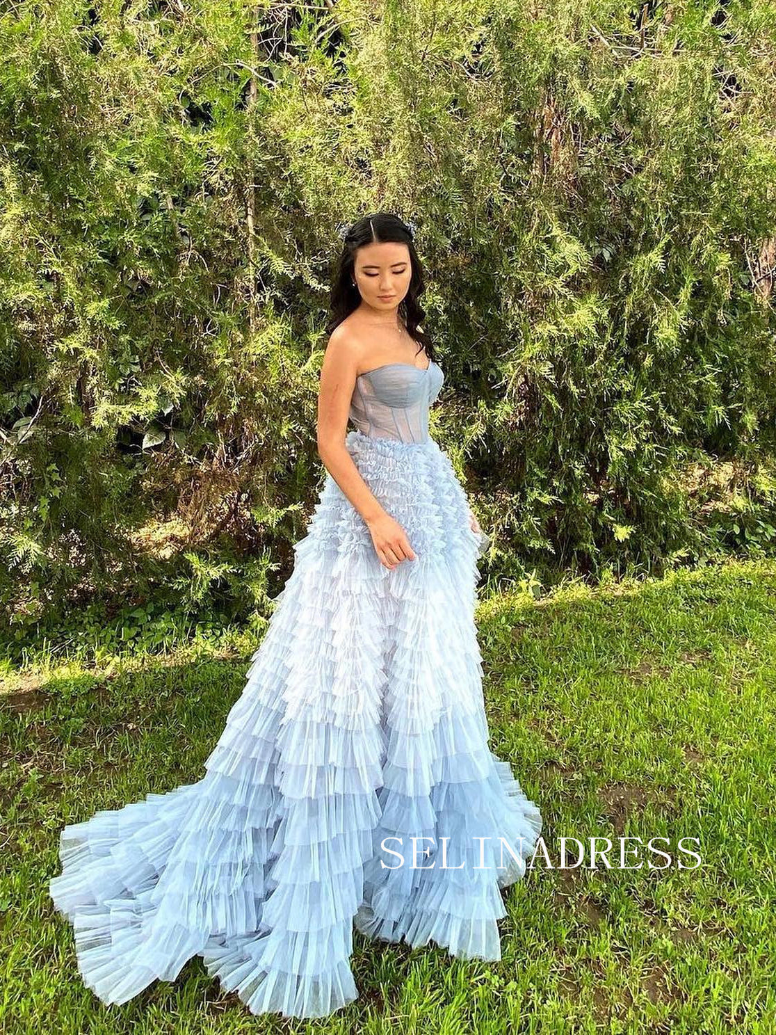 Strapless Gorgeous Frill Layered Ball Gown Sweetheart Blue Evening Dress Formal Dress #JKW005|Selinadress