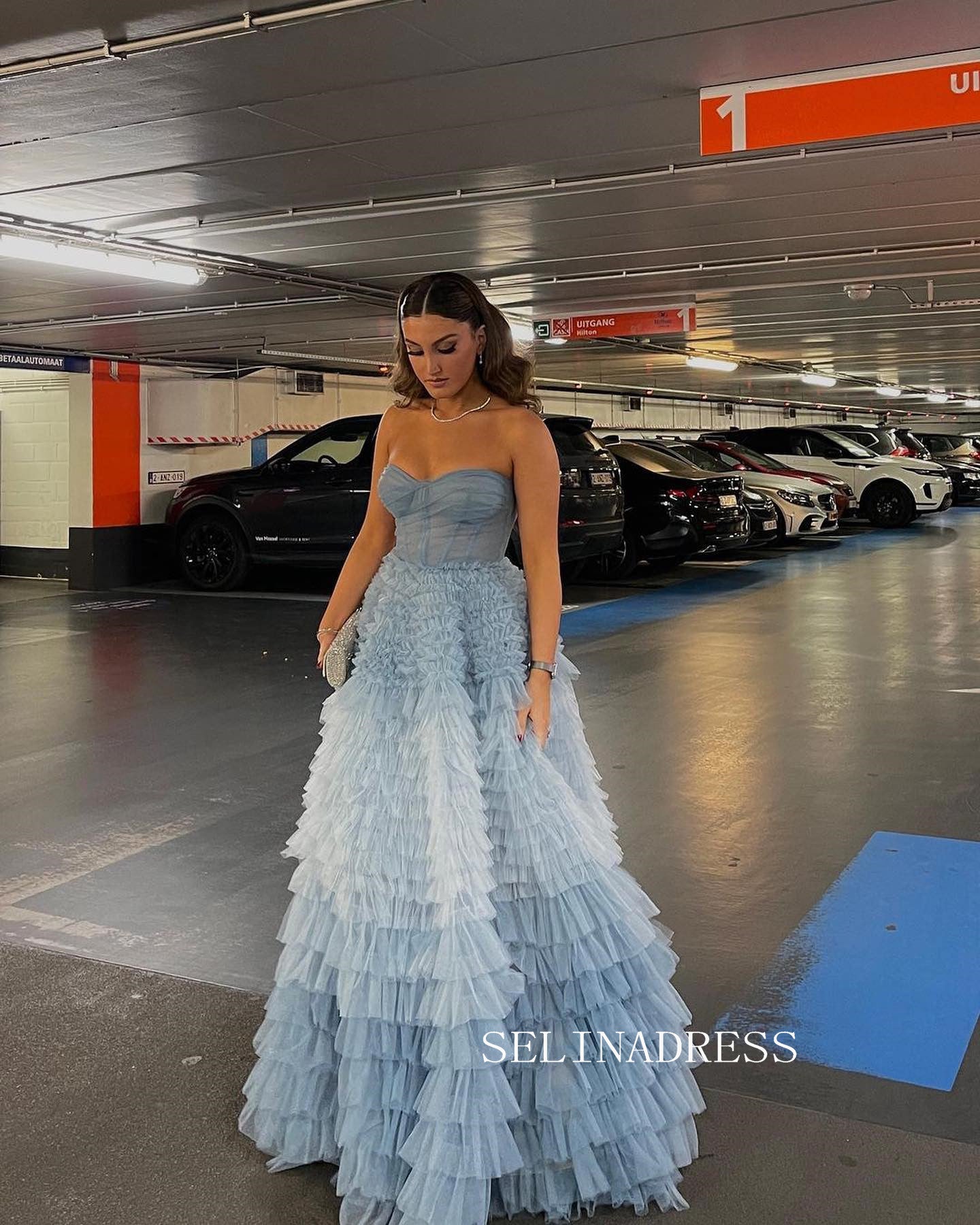 Strapless Gorgeous Frill Layered Ball Gown Sweetheart Blue Evening Dress Formal Dress #JKW005|Selinadress