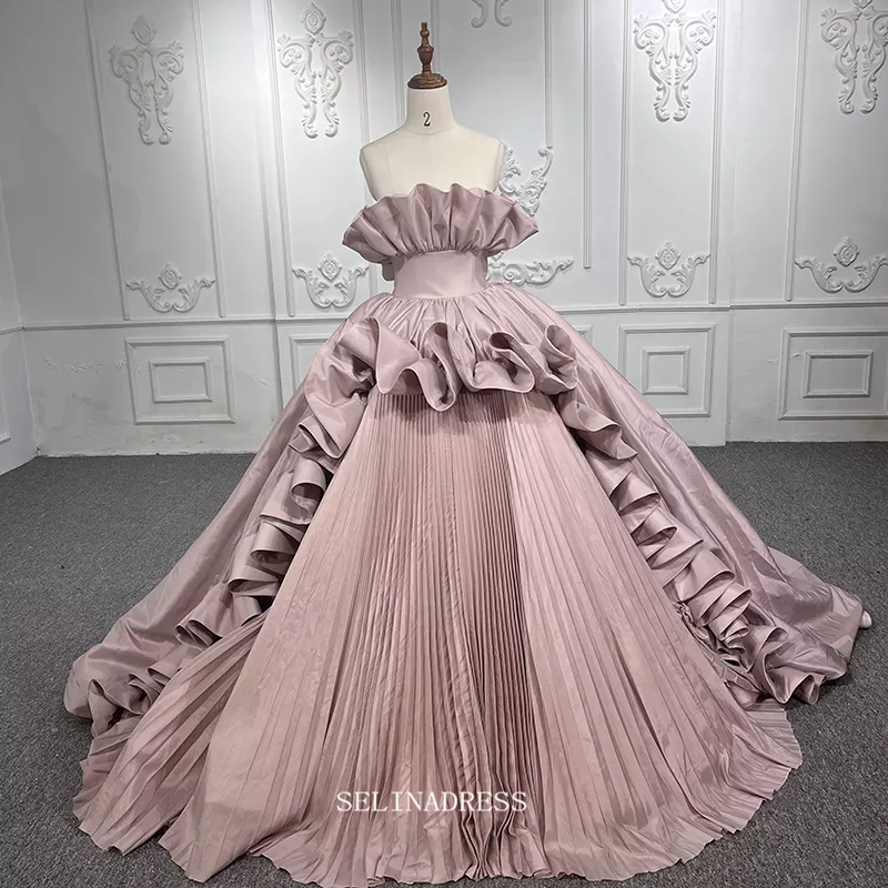 Strapless Pink Ball Gown Ruffles Prom Dress Princess Pageant Dress DY9879