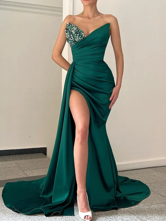 Strapless V neck Mermaid Prom Dress Satin Dark Green Cheap Evening Gowns #POL027|Selinadress