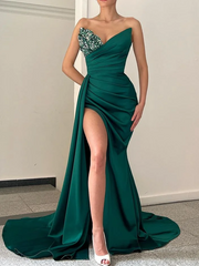 Strapless V neck Mermaid Prom Dress Satin Dark Green Cheap Evening Gowns #POL027|Selinadress