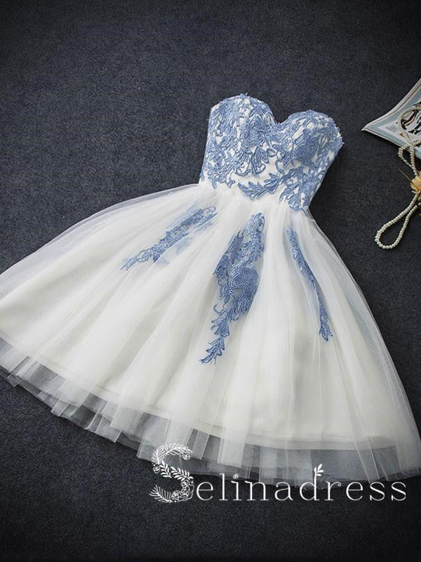 Sweetheart Elegant Homecoming Dress Tulle Blue Appliqued?Short Prom Dress On Sale HML004|Selinadress