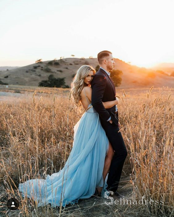 Thigh Split Sky Blue Rustic Wedding Dresses Prom Dress Beach Wedding Gown with Court Train SE009|Selinadress