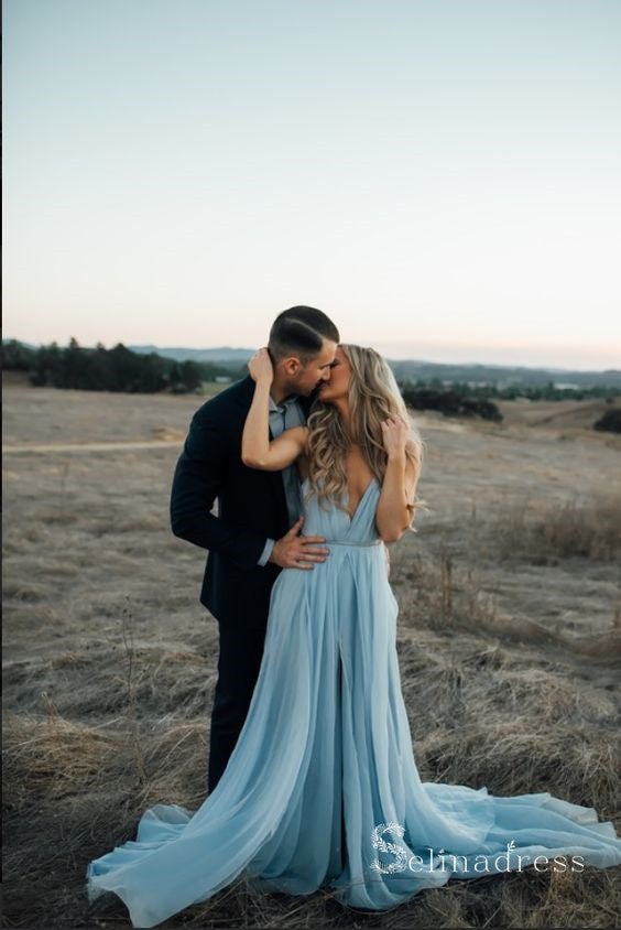 Thigh Split Sky Blue Rustic Wedding Dresses Prom Dress Beach Wedding Gown with Court Train SE009|Selinadress