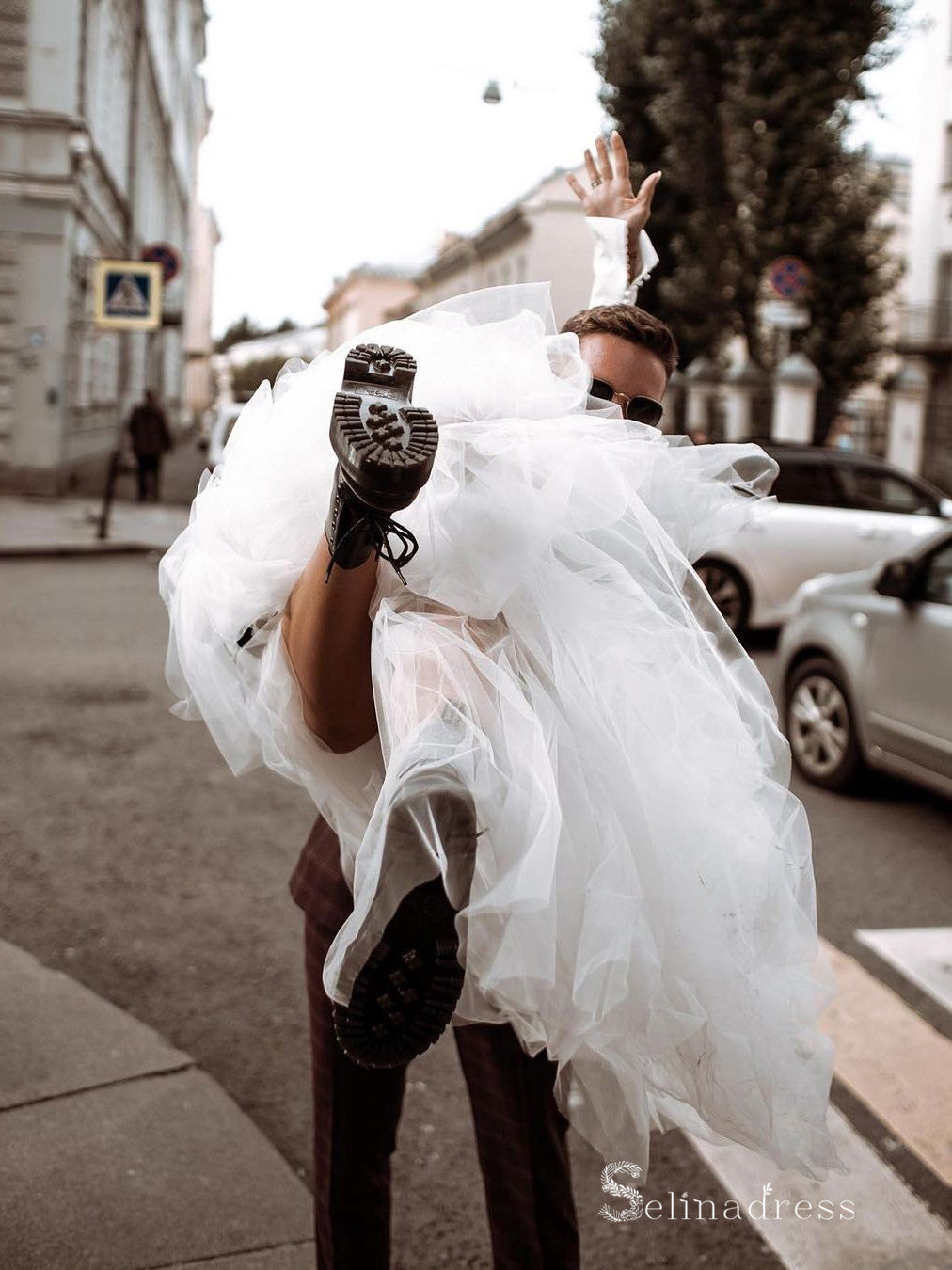 Two Piece A-line Long Sleeve Rustic Wedding Dresses White Tulle Bridal Gowns MLH006|Selinadress