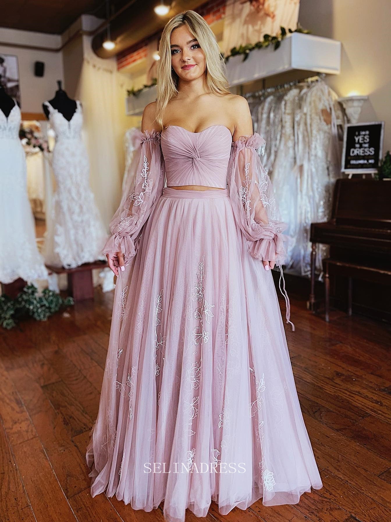 Two Piece Dusty Pink Long Prom Dress Puff Sleeve Formal Dresses Evening Dress KPY057|Selinadress