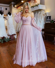 Two Piece Dusty Pink Long Prom Dress Puff Sleeve Formal Dresses Evening Dress KPY057|Selinadress