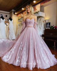 Two Piece Dusty Pink Long Prom Dress Puff Sleeve Formal Dresses Evening Dress KPY057|Selinadress