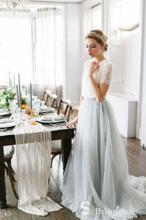 Two Piece Wedding Dresses With Sleeve A-line Sweep Train Lace Bridal Gown SEW040|Selinadress