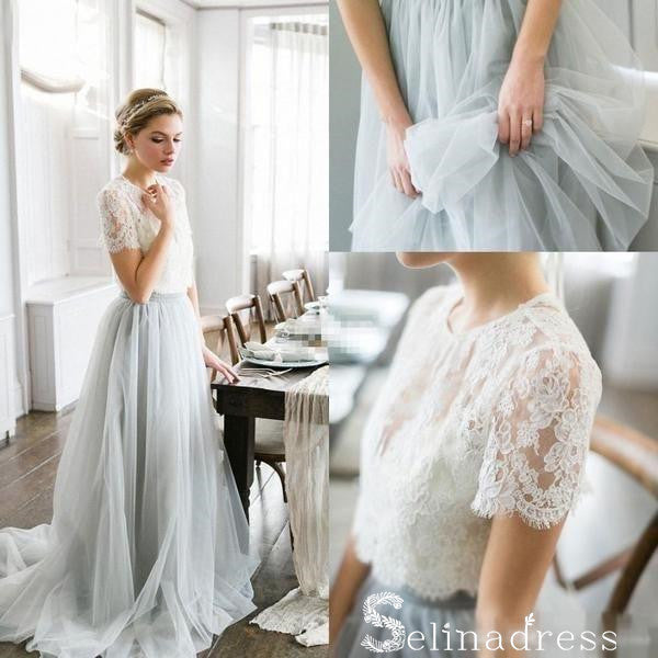 Two Piece Wedding Dresses With Sleeve A-line Sweep Train Lace Bridal Gown SEW040|Selinadress