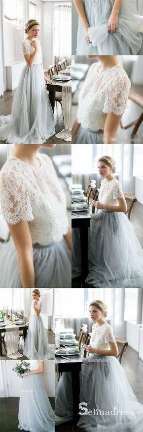 Two Piece Wedding Dresses With Sleeve A-line Sweep Train Lace Bridal Gown SEW040|Selinadress