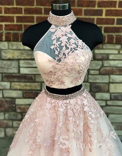 Two Pieces High Neck Long Prom Dresses Applique Pink Lace Quinceanera Formal Dress SED096