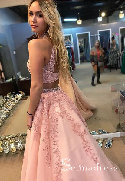 Two Pieces High Neck Long Prom Dresses Applique Pink Lace Quinceanera Formal Dress SED096