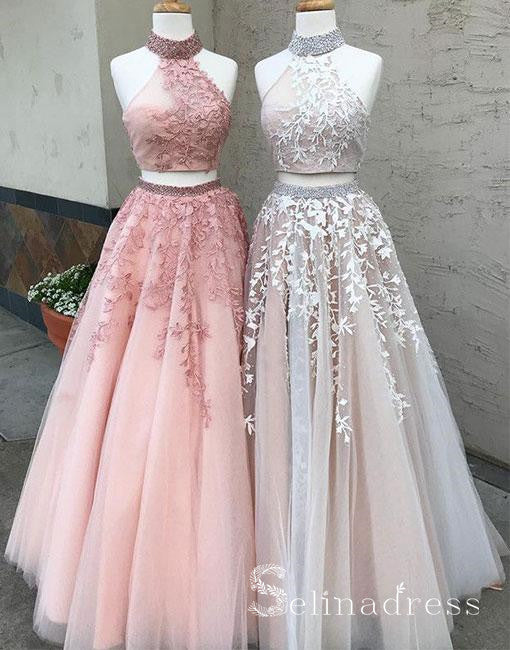 Two Pieces High Neck Long Prom Dresses Applique Pink Lace Quinceanera Formal Dress SED096