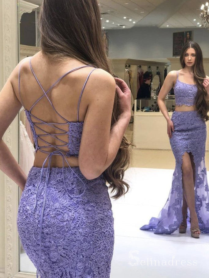 Two Pieces Mermaid Lavender Prom Dresses Lace Long Evening Gowns CBD546|Selinadress