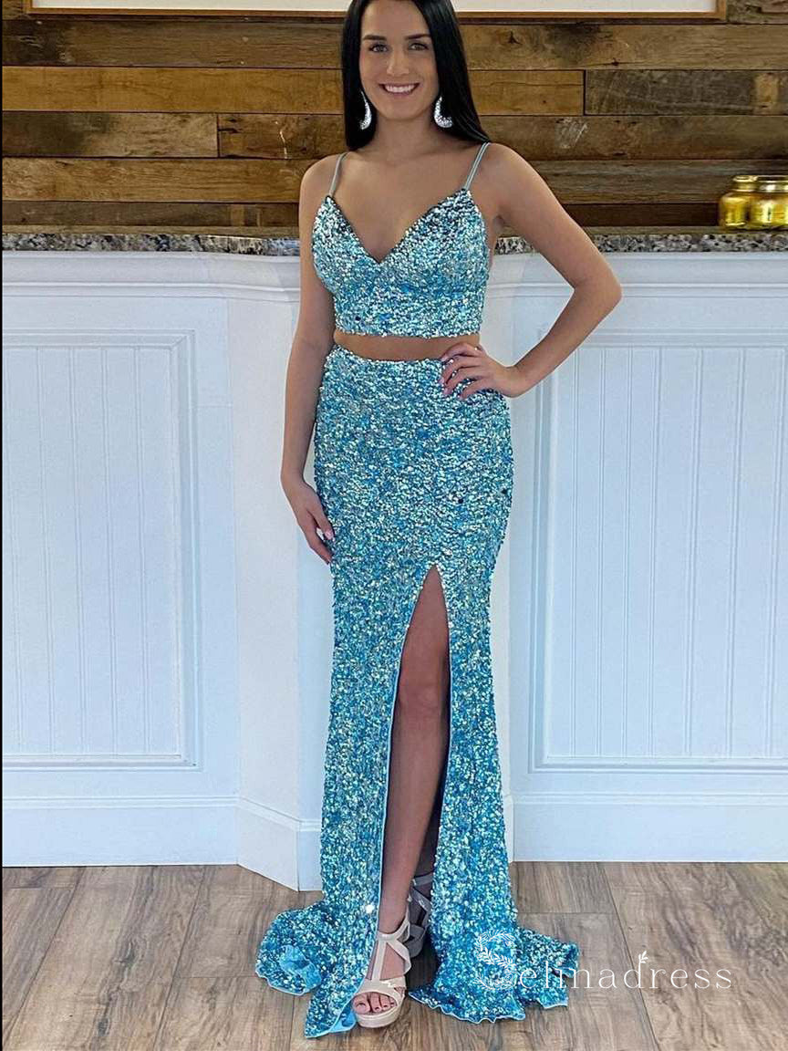 Two Pieces Mermaid Spaghetti Straps Sparkly Long Prom Dresses Sequins Evening Dress MHL2882|Selinadress