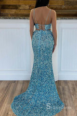 Two Pieces Mermaid Spaghetti Straps Sparkly Long Prom Dresses Sequins Evening Dress MHL2882|Selinadress