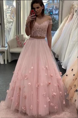 Two Pieces Off-the-shoulder Lace Long Prom Dresses Pink Formal Gowns CBD536