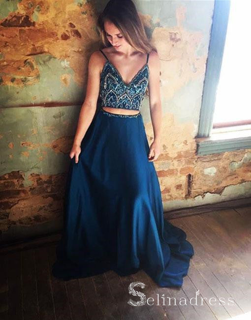 Two Pieces Royal Blue Beaded Gorgeous Prom Dresses Long Formal Dress Evening Gowns SED112|Selinadress