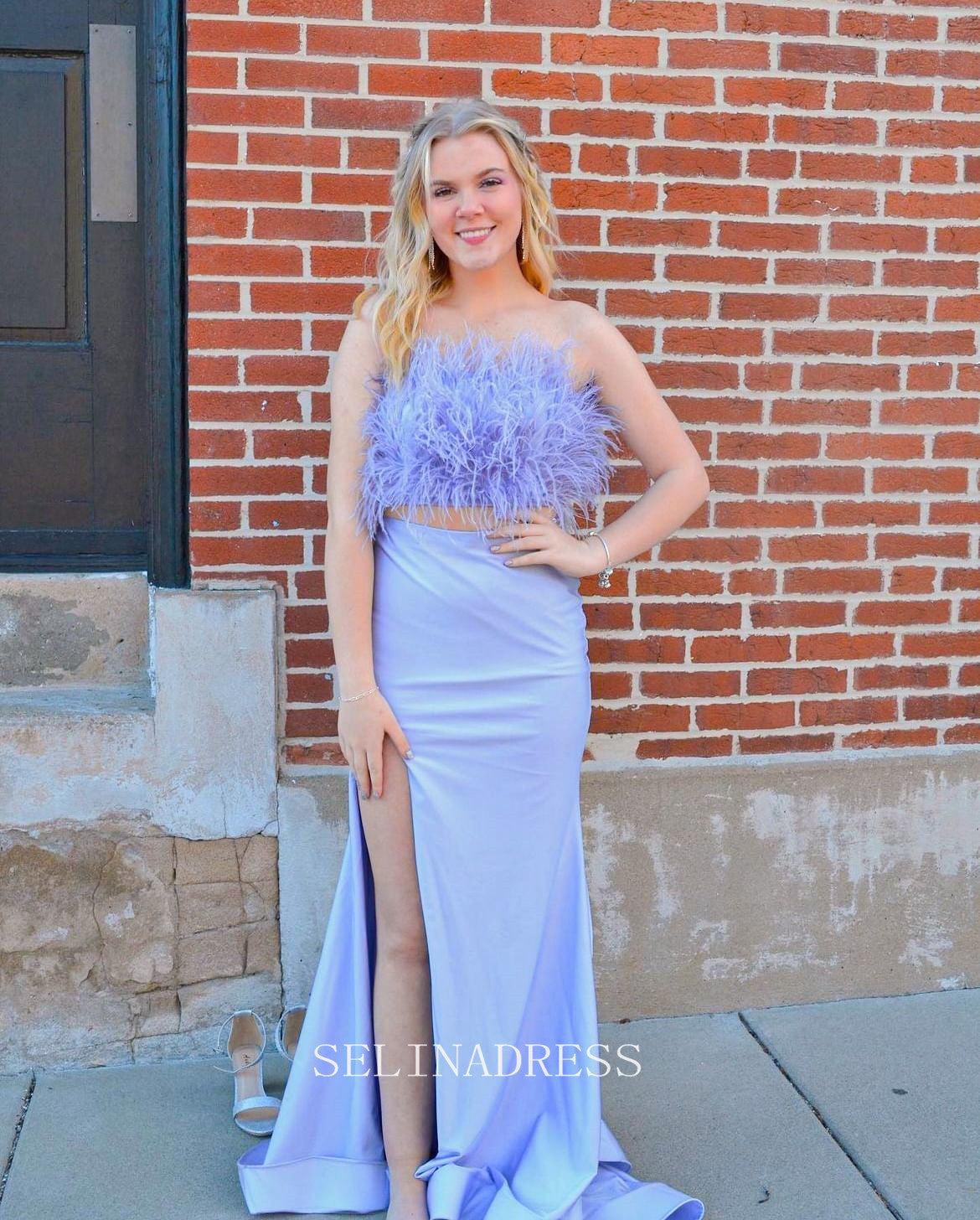 Two Pieces Strapless Elegant Long Prom Dress With Feather Lavender Party Dress #LOP003|Selinadress