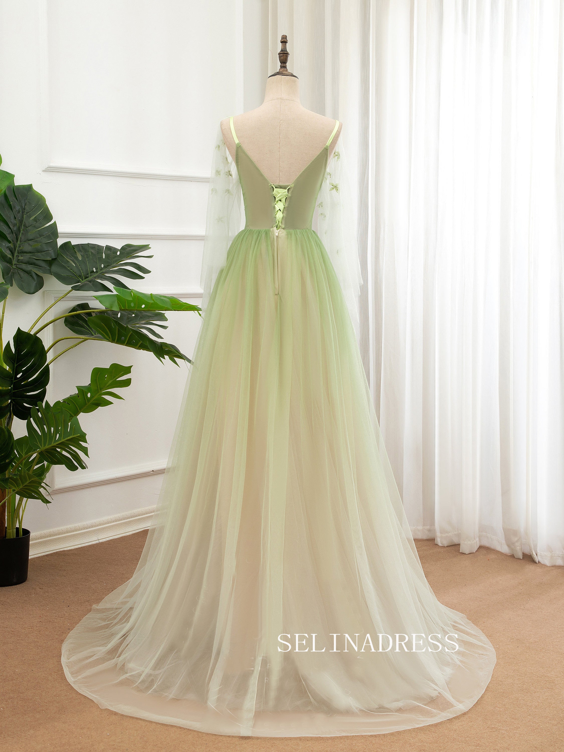 V neck A-line Ombre Prom Dress With Long Sleeve Elegant Evening Dress Party Dress #JKW002|Selinadress