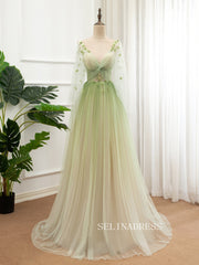 V neck A-line Ombre Prom Dress With Long Sleeve Elegant Evening Dress Party Dress #JKW002|Selinadress