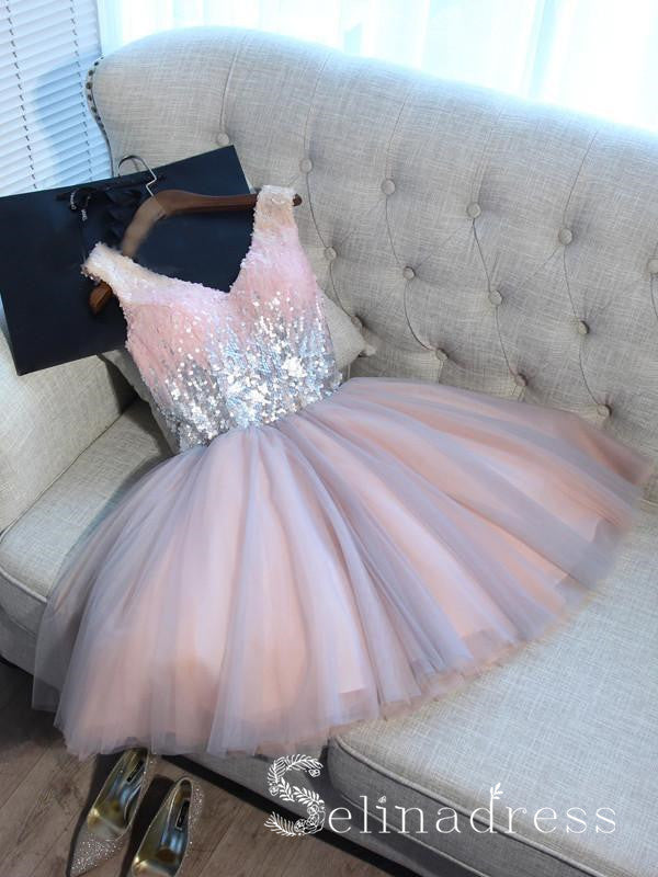 V neck Cute Homecoming Dresses With Sequins Pink Juniors Short Prom Drsess HML017|Selinadress