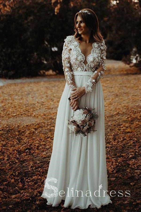 V neck Long Sleeve Lace Wedding Dresses Rustic Chiffon Wedding Dress SEW046