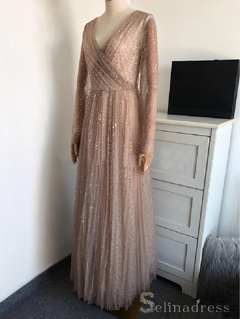 V neck Long Sleeve Sparkly Prom Dress Cheap African Prom Dresses Evening Gowns #SED179|Selinadress