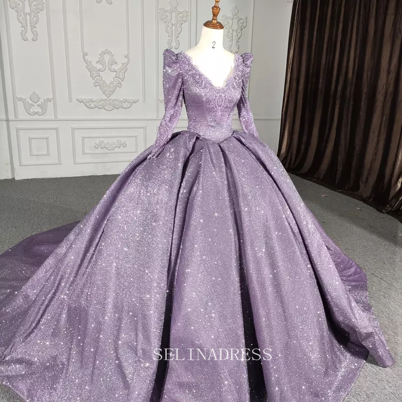 V neck Shiny Purple Ball Gown Evening Party Dress With Long Sleeve DY5622|Selinadress