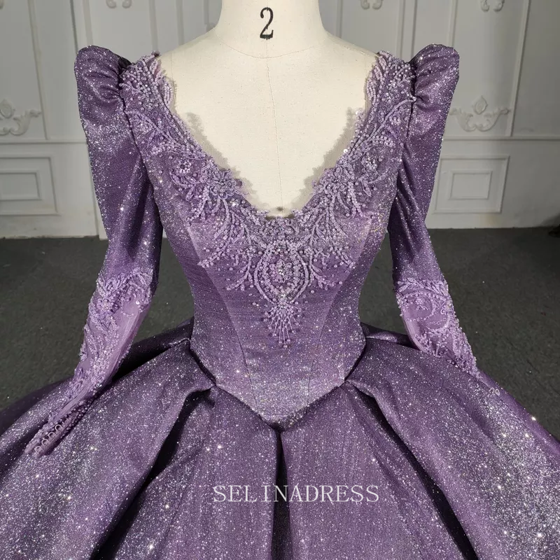 V neck Shiny Purple Ball Gown Evening Party Dress With Long Sleeve DY5622|Selinadress