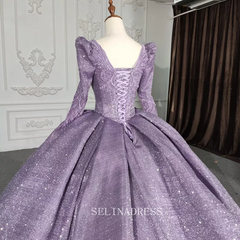 V neck Shiny Purple Ball Gown Evening Party Dress With Long Sleeve DY5622|Selinadress