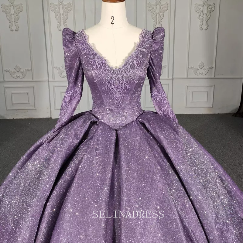 V neck Shiny Purple Ball Gown Evening Party Dress With Long Sleeve DY5622|Selinadress