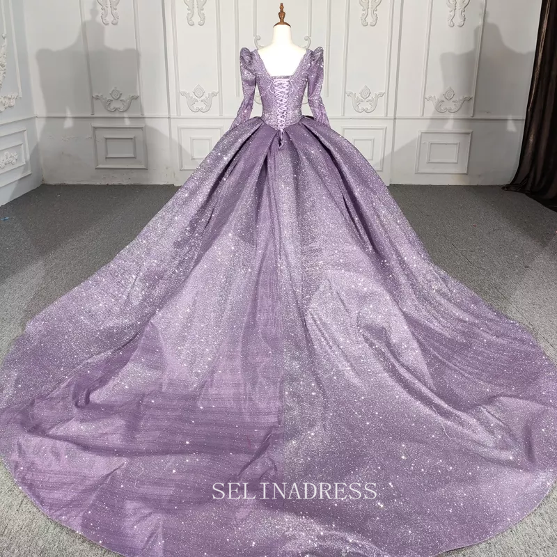 V neck Shiny Purple Ball Gown Evening Party Dress With Long Sleeve DY5622|Selinadress