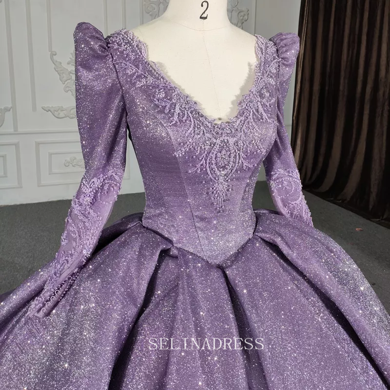 V neck Shiny Purple Ball Gown Evening Party Dress With Long Sleeve DY5622|Selinadress