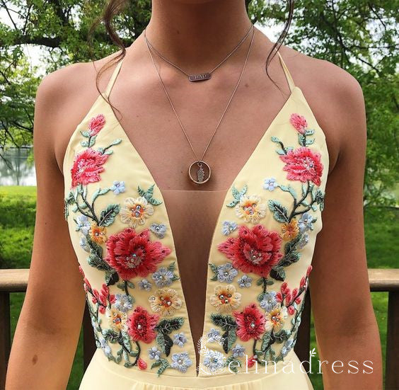 White Spaghetti Straps Prom Dress Embroidery Elegant Prom Dresses Long With Floral SED104